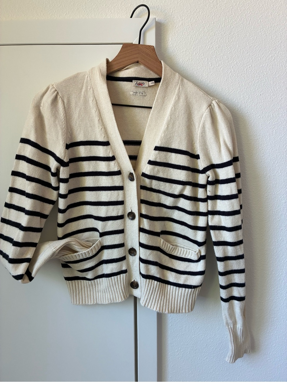 Faherty Cream and Black Striped Button Cardigan